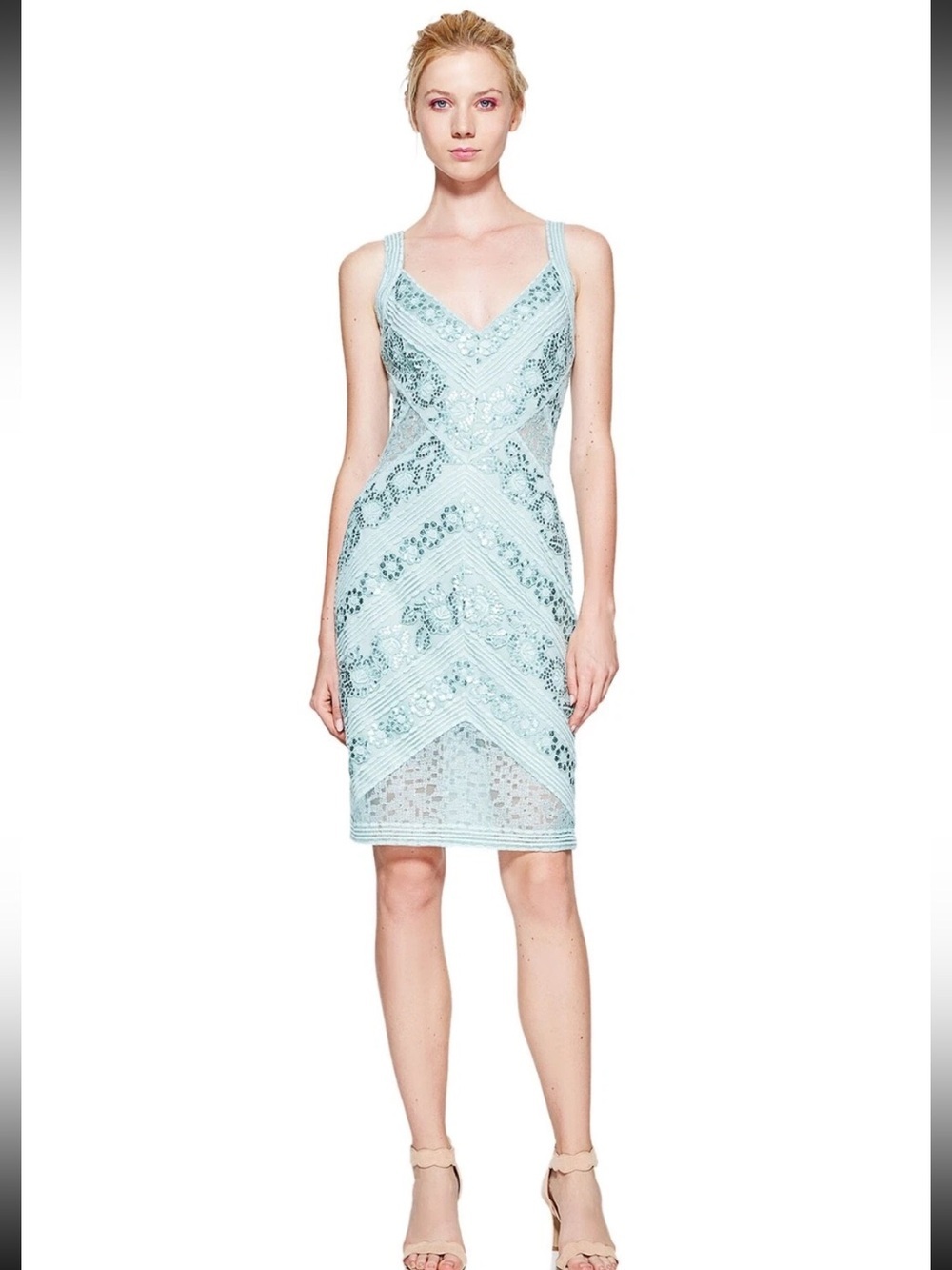 Tadashi Shoji Frosted Jade Sequin Embroidered Sheath Dress Size 4 Cocktail Dress